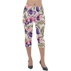 Flowers Pattern Decorative Wallpaper Scrapbooking Lightweight Velour Capri Leggings 