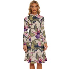 Flowers Pattern Decorative Wallpaper Scrapbooking Long Sleeve Shirt Collar A-line Dress