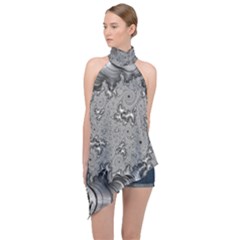 Fractal Background Pattern Texture Abstract Design Silver Halter Asymmetric Satin Top