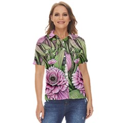 Sumptuous Watercolor Flowers Women s Short Sleeve Double Pocket Shirt
