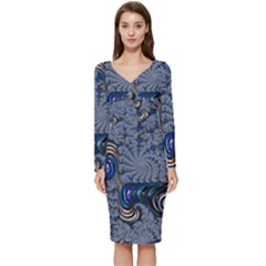 Fractal Background Pattern Texture Abstract Design Pattern Long Sleeve V-neck Bodycon Dress 