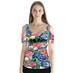 Exquisite Watercolor Flowers Butterfly Sleeve Cutout Tee 