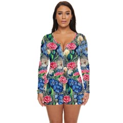 Exquisite Watercolor Flowers Long Sleeve Boyleg Swimsuit