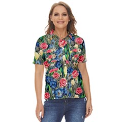 Exquisite Watercolor Flowers Women s Short Sleeve Double Pocket Shirt