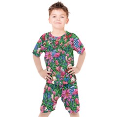 Dazzling Watercolor Flowers Kids  Tee And Shorts Set by GardenOfOphir