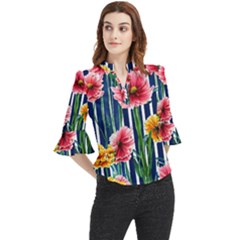 Charming And Cheerful Watercolor Flowers Loose Horn Sleeve Chiffon Blouse