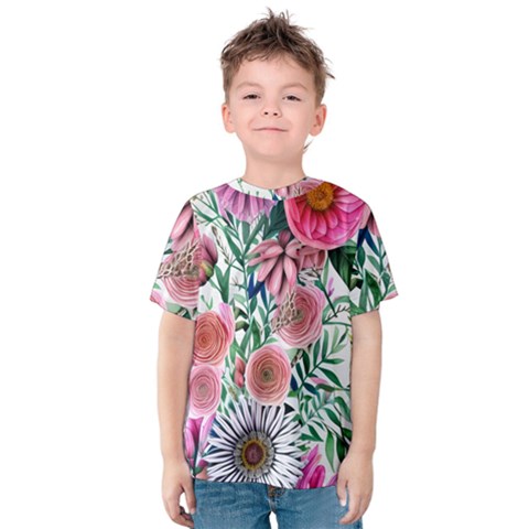 Captivating And Celestial Watercolor Flowers Kids  Cotton Tee by GardenOfOphir