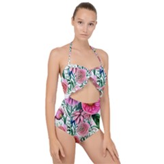 Captivating And Celestial Watercolor Flowers Scallop Top Cut Out Swimsuit