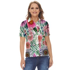 Captivating And Celestial Watercolor Flowers Women s Short Sleeve Double Pocket Shirt