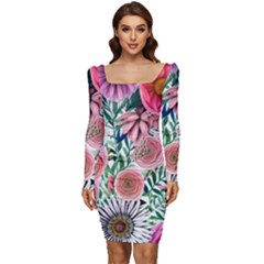 Captivating And Celestial Watercolor Flowers Women Long Sleeve Ruched Stretch Jersey Dress