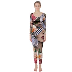 Whimsy Lady Combined Watercolor Flowers Long Sleeve Catsuit