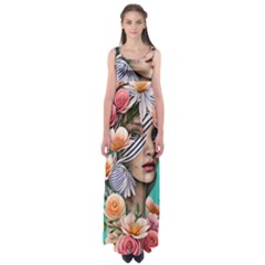 Whimsy Lady Combined Watercolor Flowers Empire Waist Maxi Dress