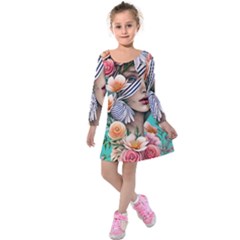 Whimsy Lady Combined Watercolor Flowers Kids  Long Sleeve Velvet Dress