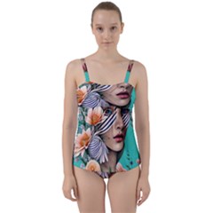 Whimsy Lady Combined Watercolor Flowers Twist Front Tankini Set