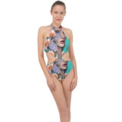 Whimsy Lady Combined Watercolor Flowers Halter Side Cut Swimsuit by GardenOfOphir