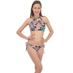 Whimsy Lady Combined Watercolor Flowers Cross Front Halter Bikini Set