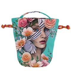 Whimsy Lady Combined Watercolor Flowers Drawstring Bucket Bag