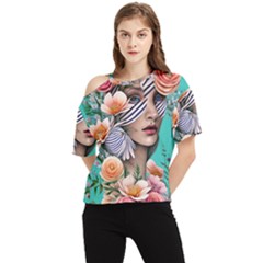 Whimsy Lady Combined Watercolor Flowers One Shoulder Cut Out Tee