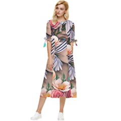 Whimsy Lady Combined Watercolor Flowers Bow Sleeve Chiffon Midi Dress