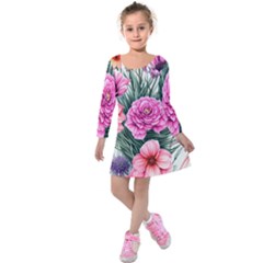 Color-infused Watercolor Flowers Kids  Long Sleeve Velvet Dress by GardenOfOphir