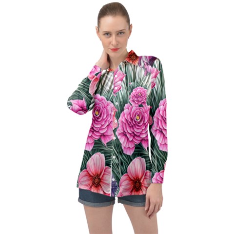 Color-infused Watercolor Flowers Long Sleeve Satin Shirt by GardenOfOphir