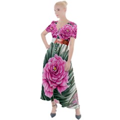 Color-infused Watercolor Flowers Button Up Short Sleeve Maxi Dress by GardenOfOphir