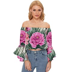 Color-infused Watercolor Flowers Off Shoulder Flutter Bell Sleeve Top by GardenOfOphir