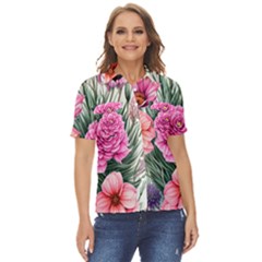 Color-infused Watercolor Flowers Women s Short Sleeve Double Pocket Shirt