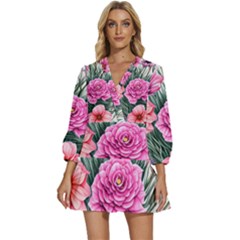 Color-infused Watercolor Flowers V-Neck Placket Mini Dress