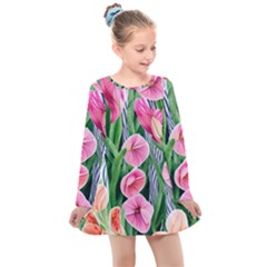 Classy Watercolor Flowers Kids  Long Sleeve Dress by GardenOfOphir