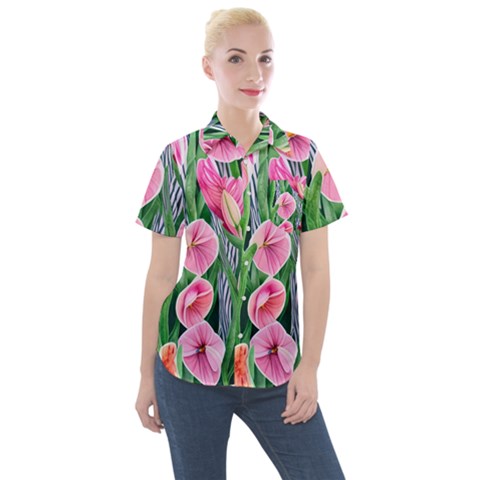 Classy Watercolor Flowers Women s Short Sleeve Pocket Shirt by GardenOfOphir