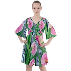 Classy Watercolor Flowers Boho Button Up Dress by GardenOfOphir