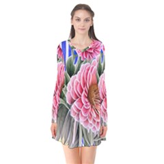 Choice Watercolor Flowers Long Sleeve V-neck Flare Dress by GardenOfOphir