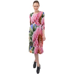 Choice Watercolor Flowers Ruffle End Midi Chiffon Dress by GardenOfOphir