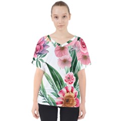 Chic Watercolor Flowers V-neck Dolman Drape Top by GardenOfOphir