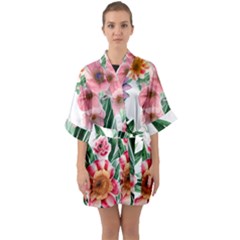 Chic Watercolor Flowers Half Sleeve Satin Kimono  by GardenOfOphir