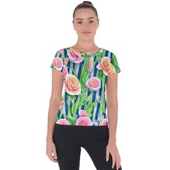 Dazzling Watercolor Flowers Short Sleeve Sports Top  by GardenOfOphir