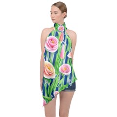 Dazzling Watercolor Flowers Halter Asymmetric Satin Top by GardenOfOphir