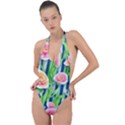 Dazzling Watercolor Flowers Backless Halter One Piece Swimsuit View1