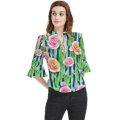Dazzling Watercolor Flowers Loose Horn Sleeve Chiffon Blouse