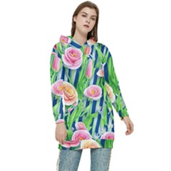 Dazzling Watercolor Flowers Women s Long Oversized Pullover Hoodie by GardenOfOphir