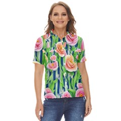 Dazzling Watercolor Flowers Women s Short Sleeve Double Pocket Shirt