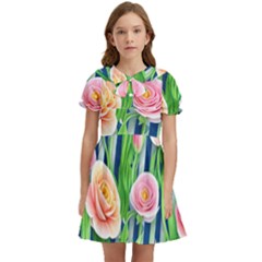 Dazzling Watercolor Flowers Kids  Bow Tie Puff Sleeve Dress by GardenOfOphir