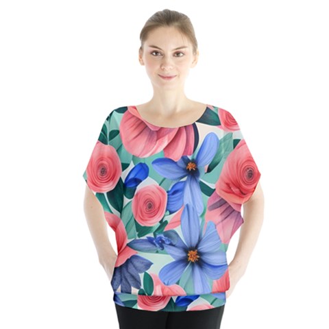 Classy Watercolor Flowers Batwing Chiffon Blouse by GardenOfOphir