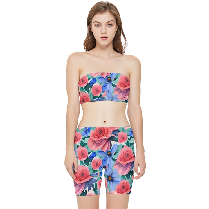 Classy Watercolor Flowers Stretch Shorts and Tube Top Set