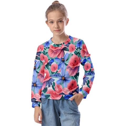Classy Watercolor Flowers Kids  Long Sleeve Tee With Frill  by GardenOfOphir