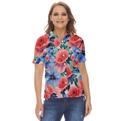 Classy Watercolor Flowers Women s Short Sleeve Double Pocket Shirt