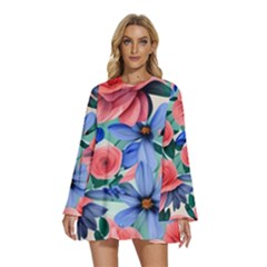 Classy Watercolor Flowers Round Neck Long Sleeve Bohemian Style Chiffon Mini Dress by GardenOfOphir