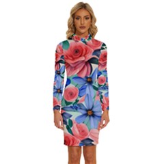 Classy Watercolor Flowers Long Sleeve Shirt Collar Bodycon Dress