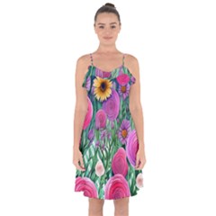 Charming Watercolor Flowers Ruffle Detail Chiffon Dress
